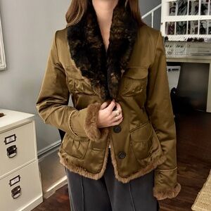 Brown Rabbit Fur and Satin Reversible Jacket, Size 2-4 (Small).